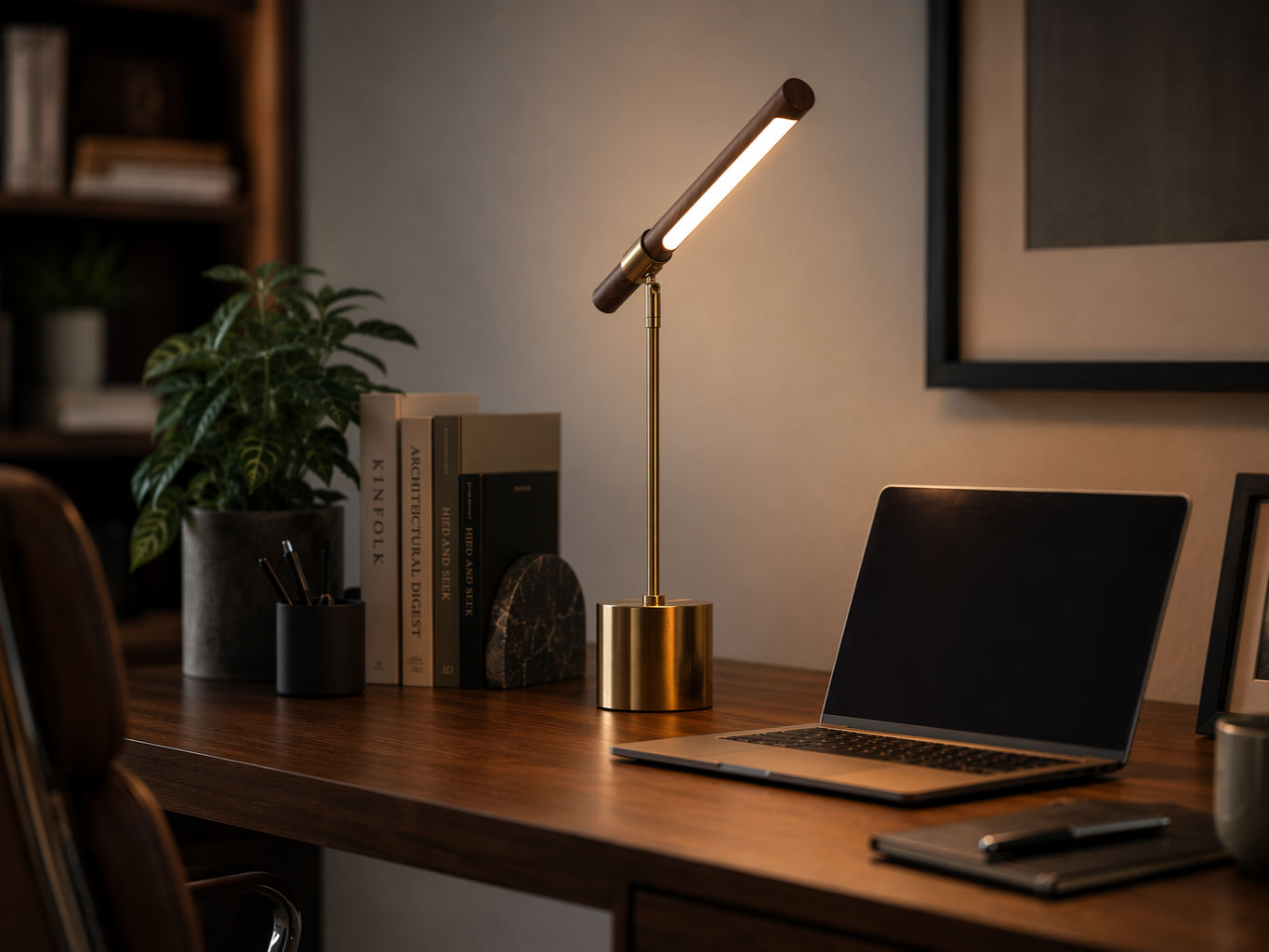 Desk lamp with a brass base, slim stem, and cylindrical wooden light bar - Beautiful Homes