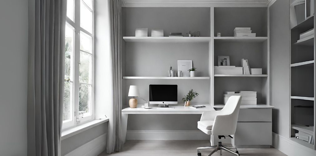 Minimalist grey home office with white desk and chair - Beautiful Homes
