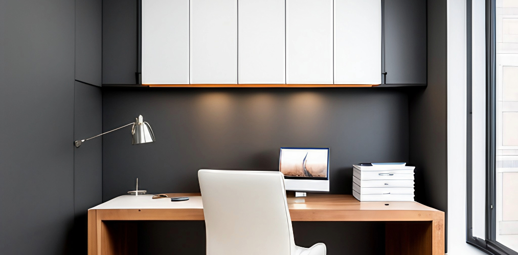 Office setup with white wall cabinets-Beautiful Homes