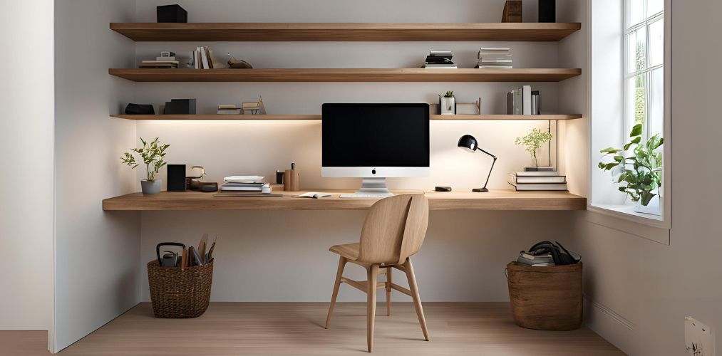 Minimalist wooden home office with armless wooden chair - Beautiful Homes