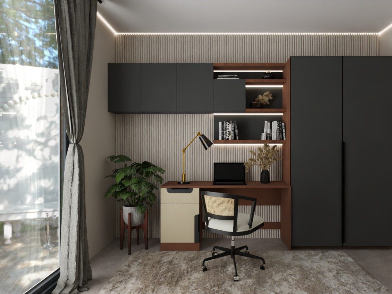 Minimalist wooden home office with fluted wall paneling - Beautiful Homes