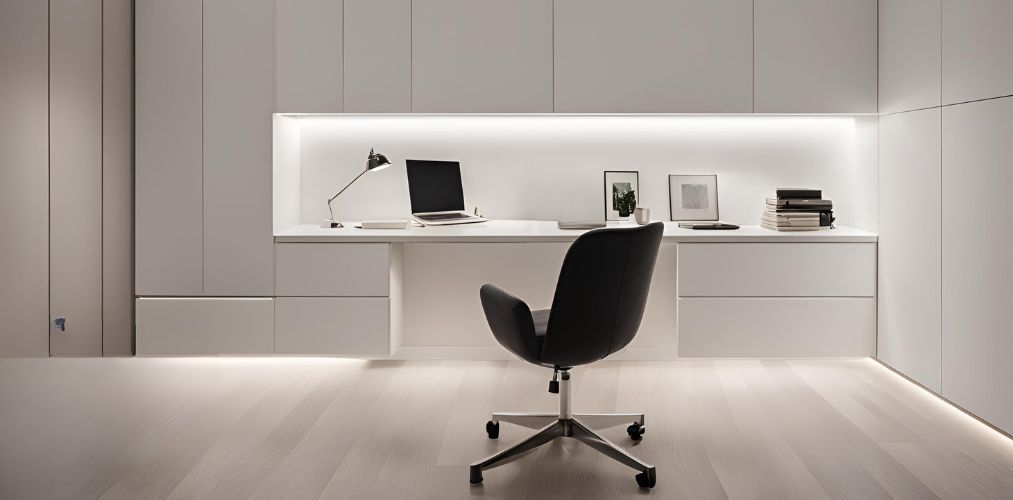 Minimalistic white home office with under cabinet lighting - Beautiful Homes