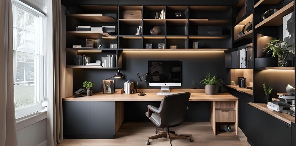 Modern black and wood home office with book shelves - Beautiful Homes