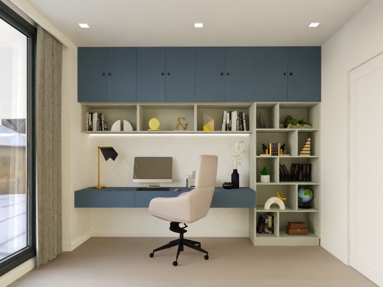 Contemporary home office with blue cabinets and décor - Beautiful Homes