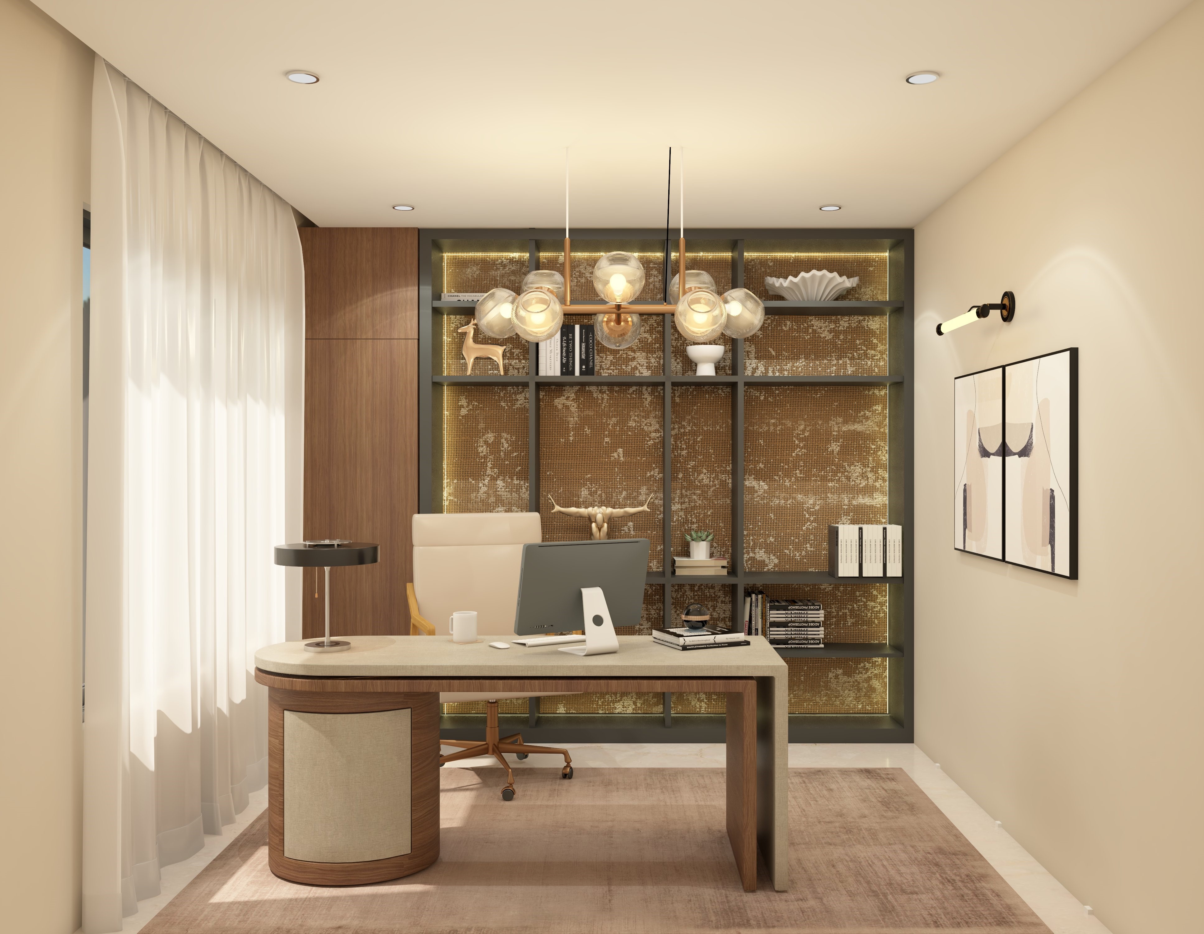 Modern chic home office with white teak lights - Beautiful Homes