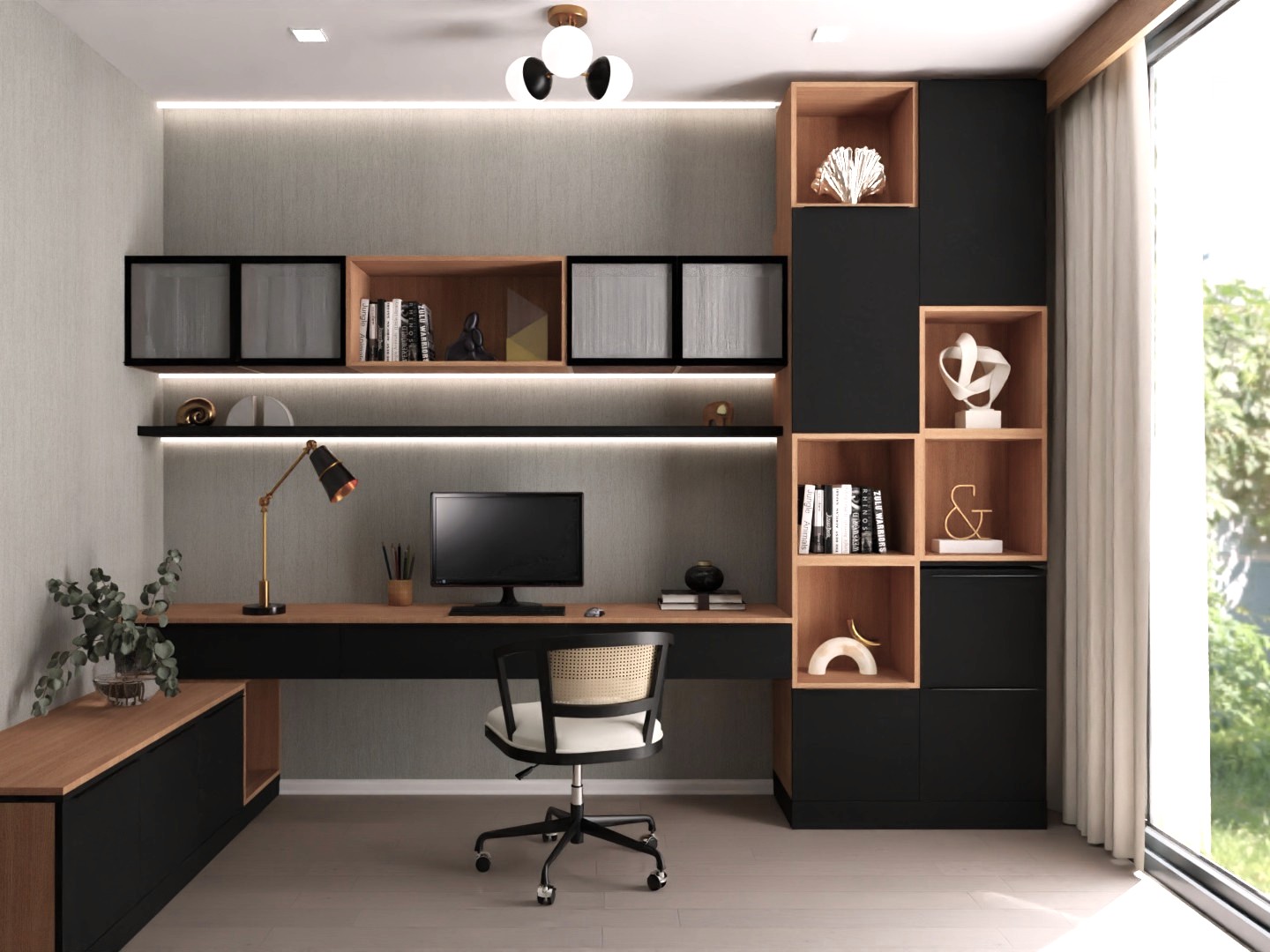 Home office with wooden desk and shelves - Beautiful Homes