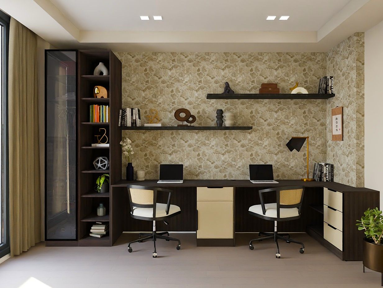 Stylish home office featuring an L-shaped desk, floating shelves, and natural textures - Beautiful Homes