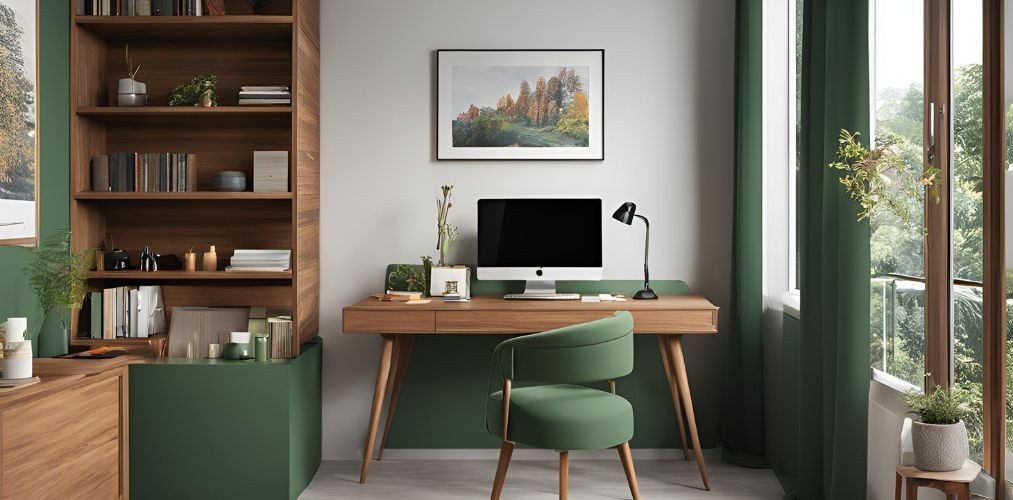 Modern home office design with green chair and teak study table - Beautiful Homes