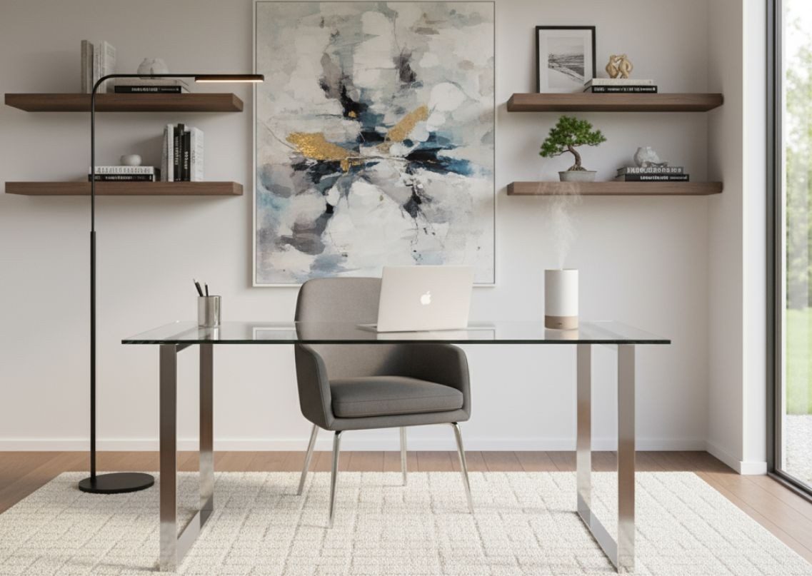 Modern home office with glass desk and floor lamp - Beautiful Homes