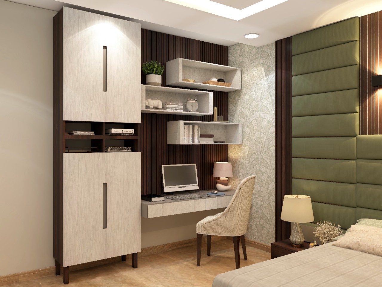 Modern home office with box shelves and wooden wall panels - Beautiful Homes