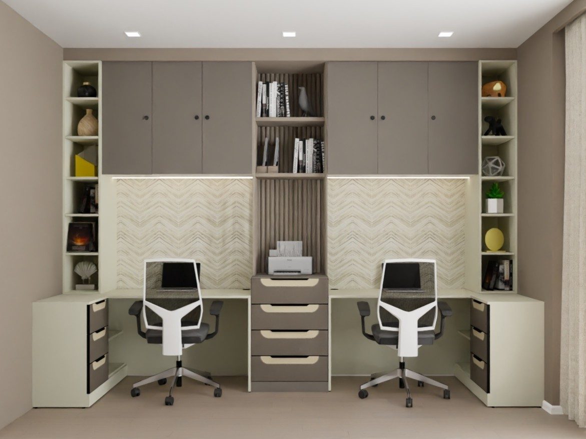 Dual desk study area with shelves and cabinets - Beautiful Homes