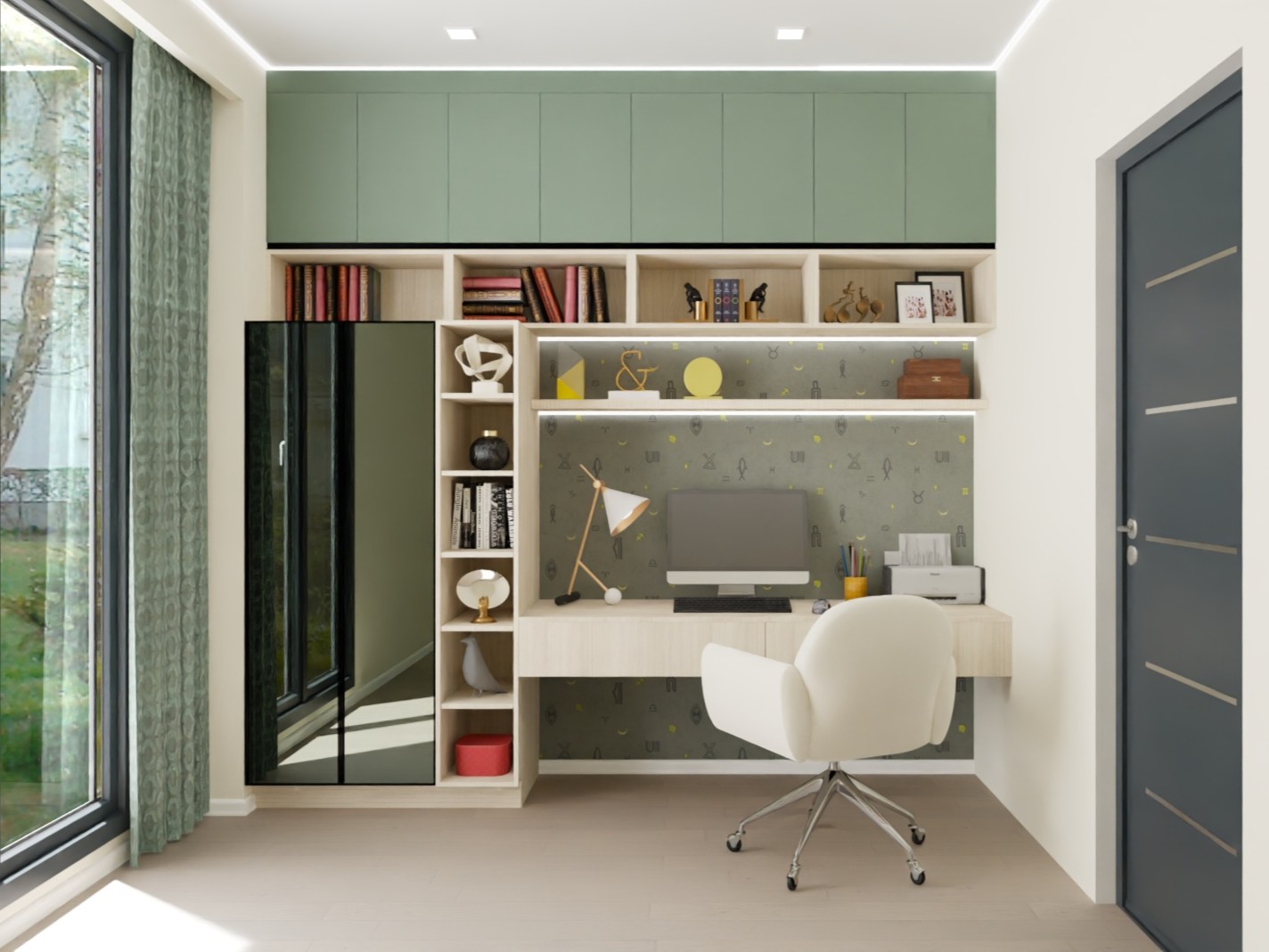 Modern office with shelves and workspace - Beautiful Homes