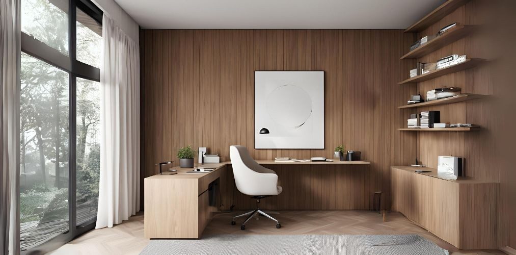 Modern home office with l shaped table and wooden wall paneling - Beautiful Homes