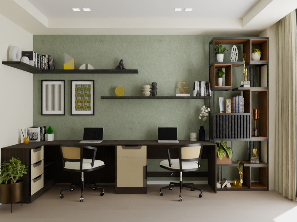 Home office with wooden furniture and green wall - Beautiful Homes