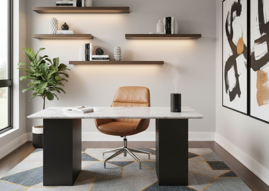 Modern home office with sleek table and leather chair - Beautiful Homes