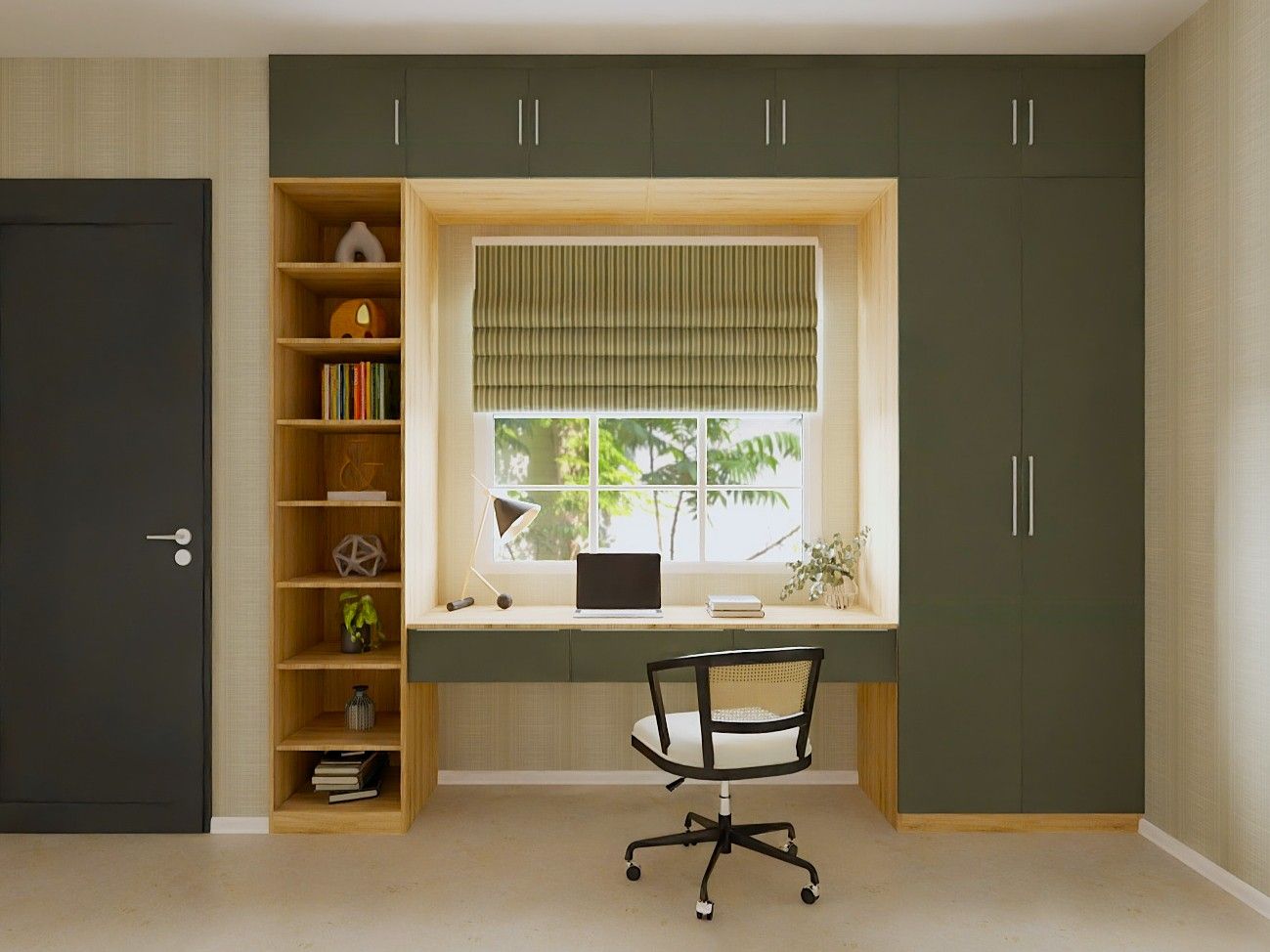 Contemporary home office featuring a built-in desk, olive green cabinets, and a window view - Beautiful Homes