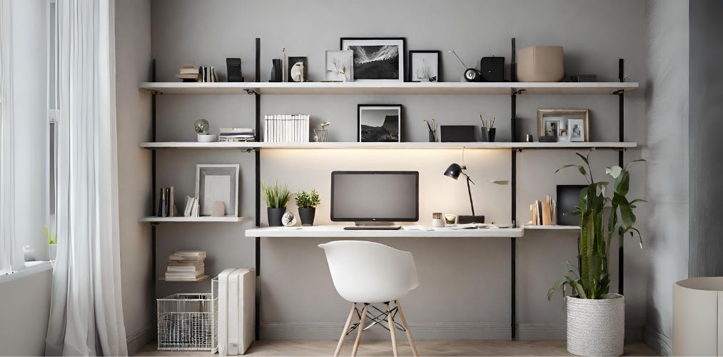 Modern home office with wall shelf unit-Beautiful Homes