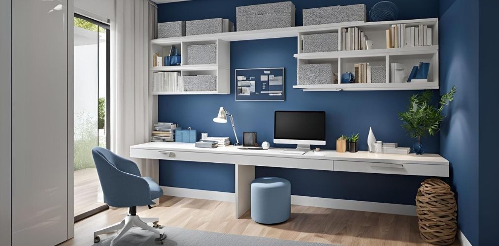 Modern home office with white wall shelves and blue wall - Beautiful Homes