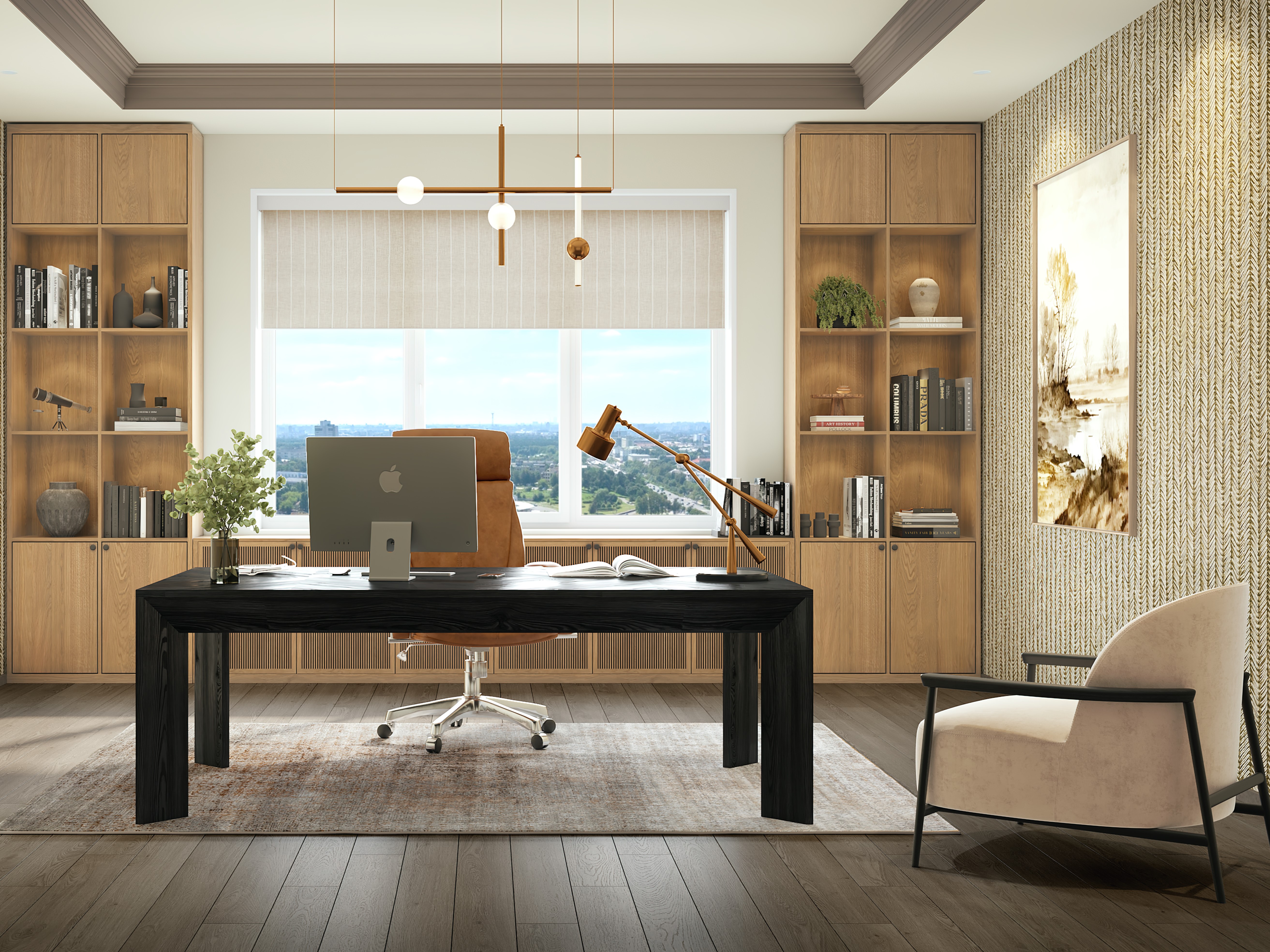 Home office with wooden table and shelves - Beautiful Homes