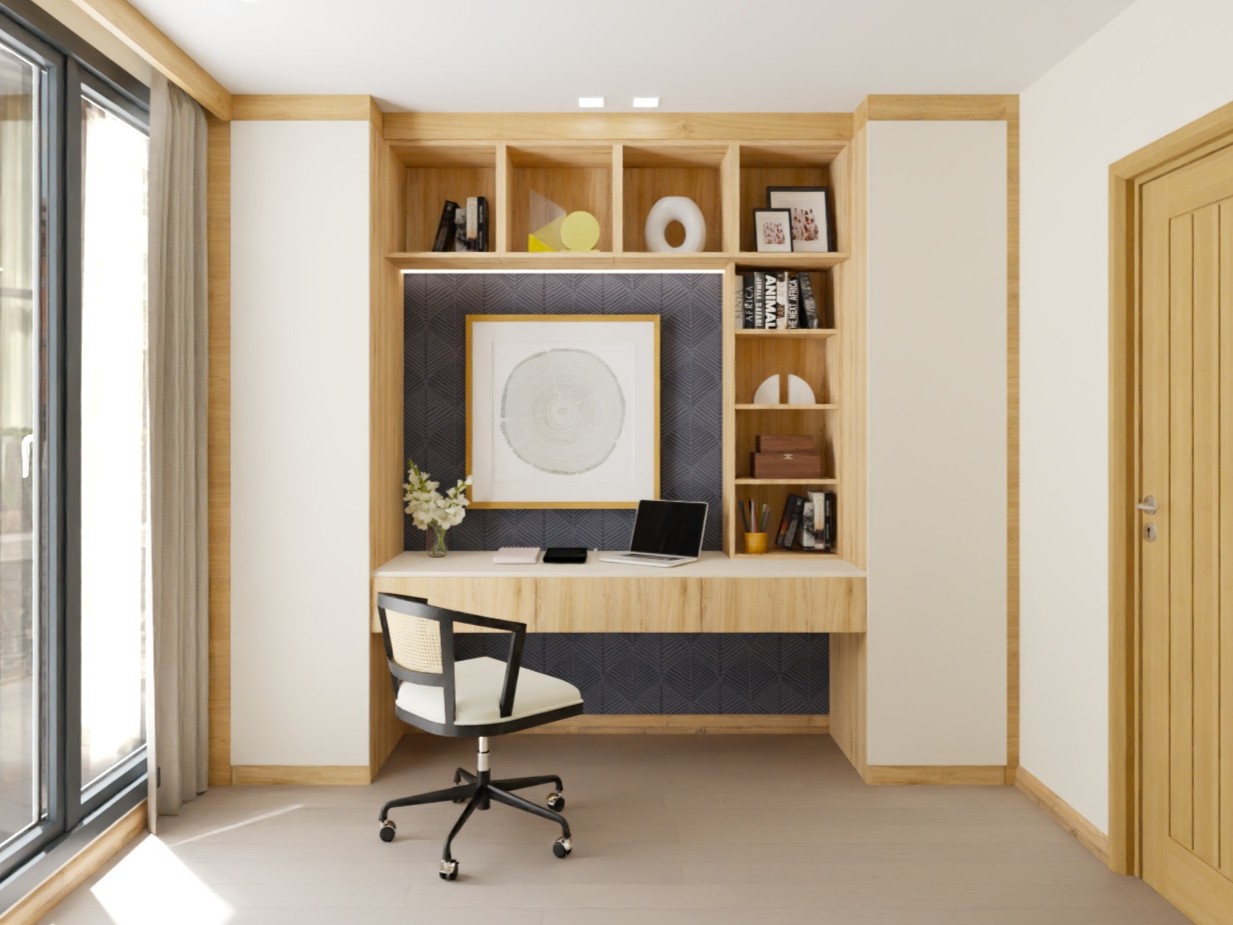 Home office with wooden tones and wallpaper - Beautiful Homes
