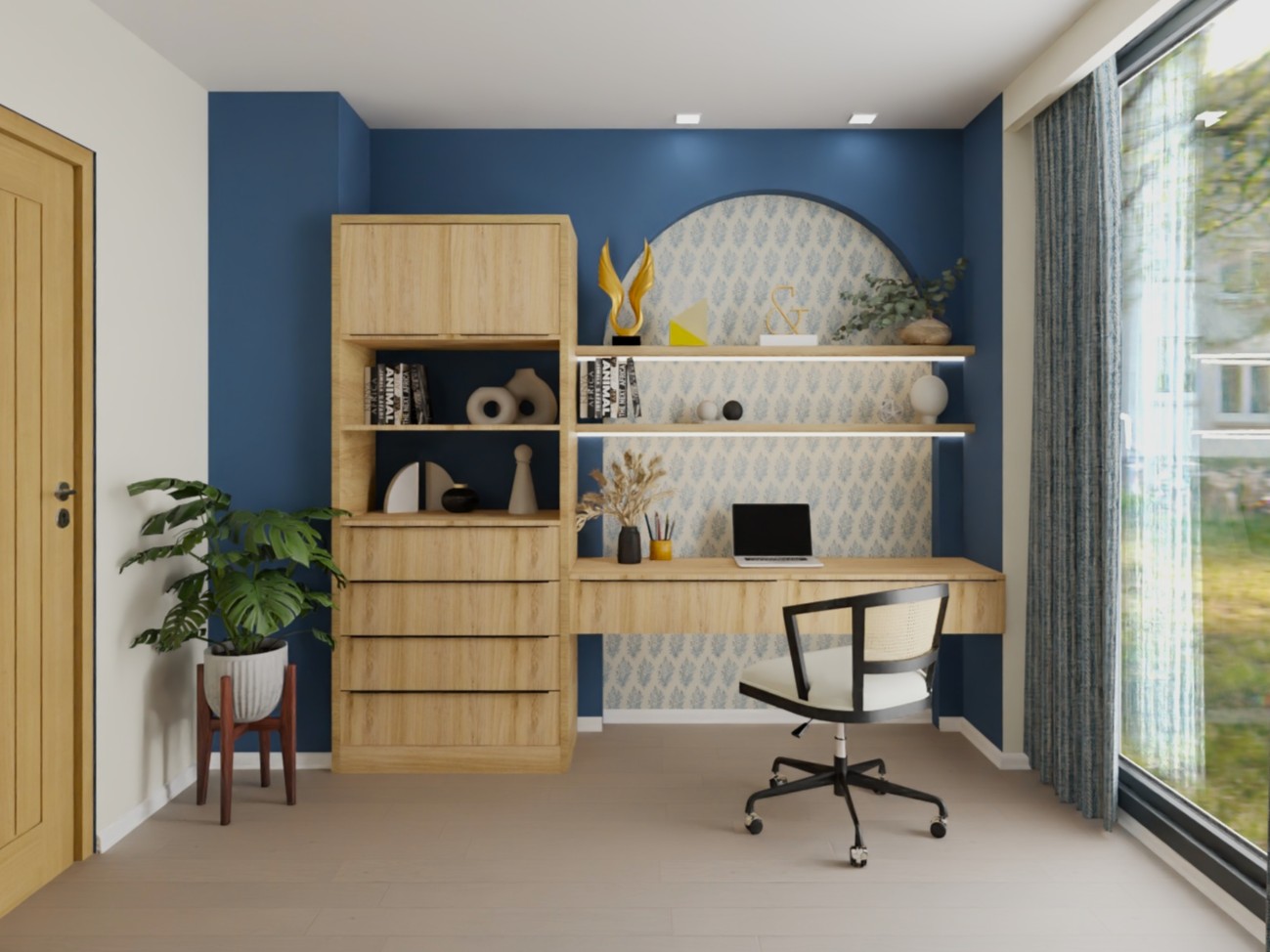 Modern home office with wooden table and shelves - Beautiful Homes