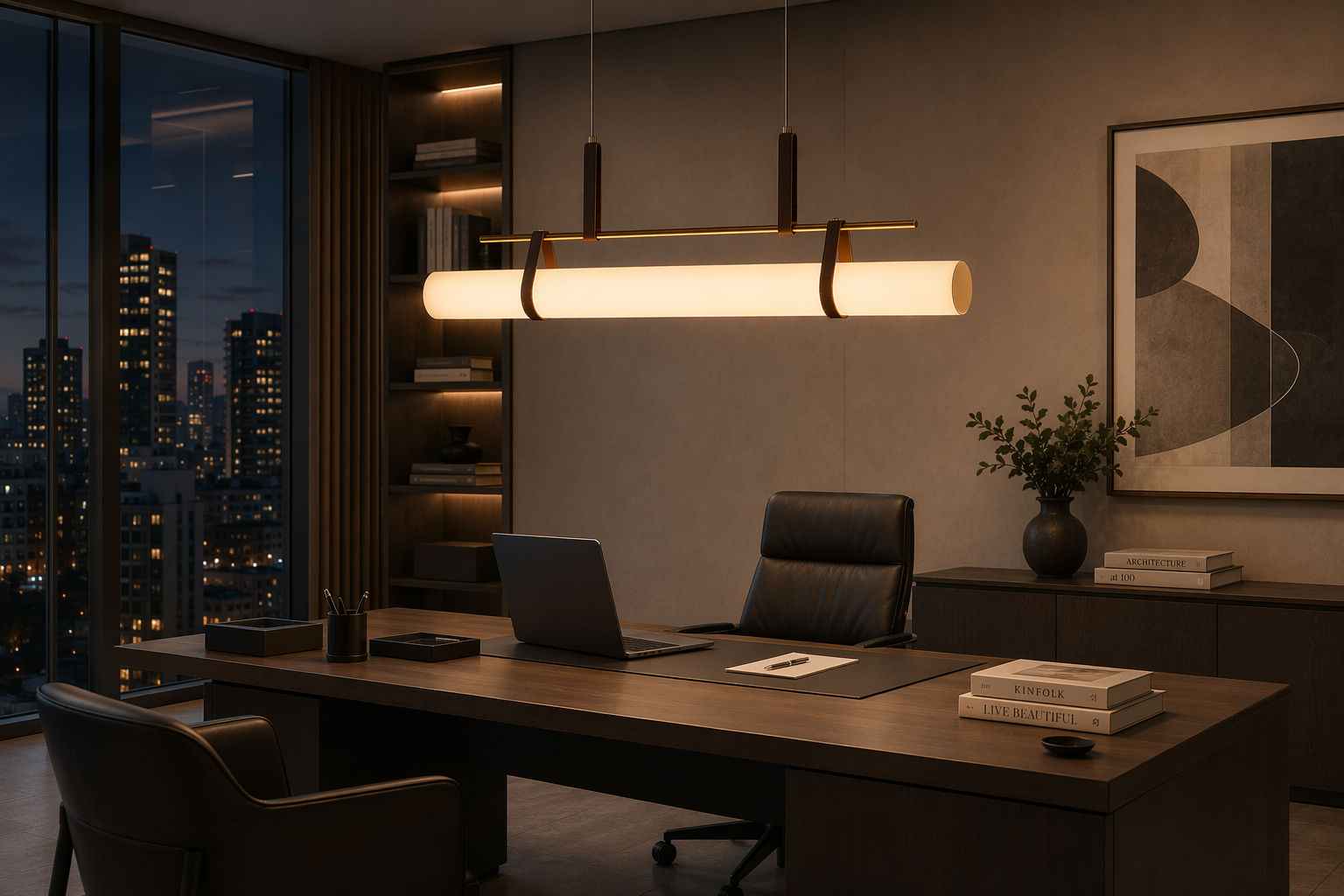 Modern linear pendant light with a warm cylindrical tube - Beautiful Homes