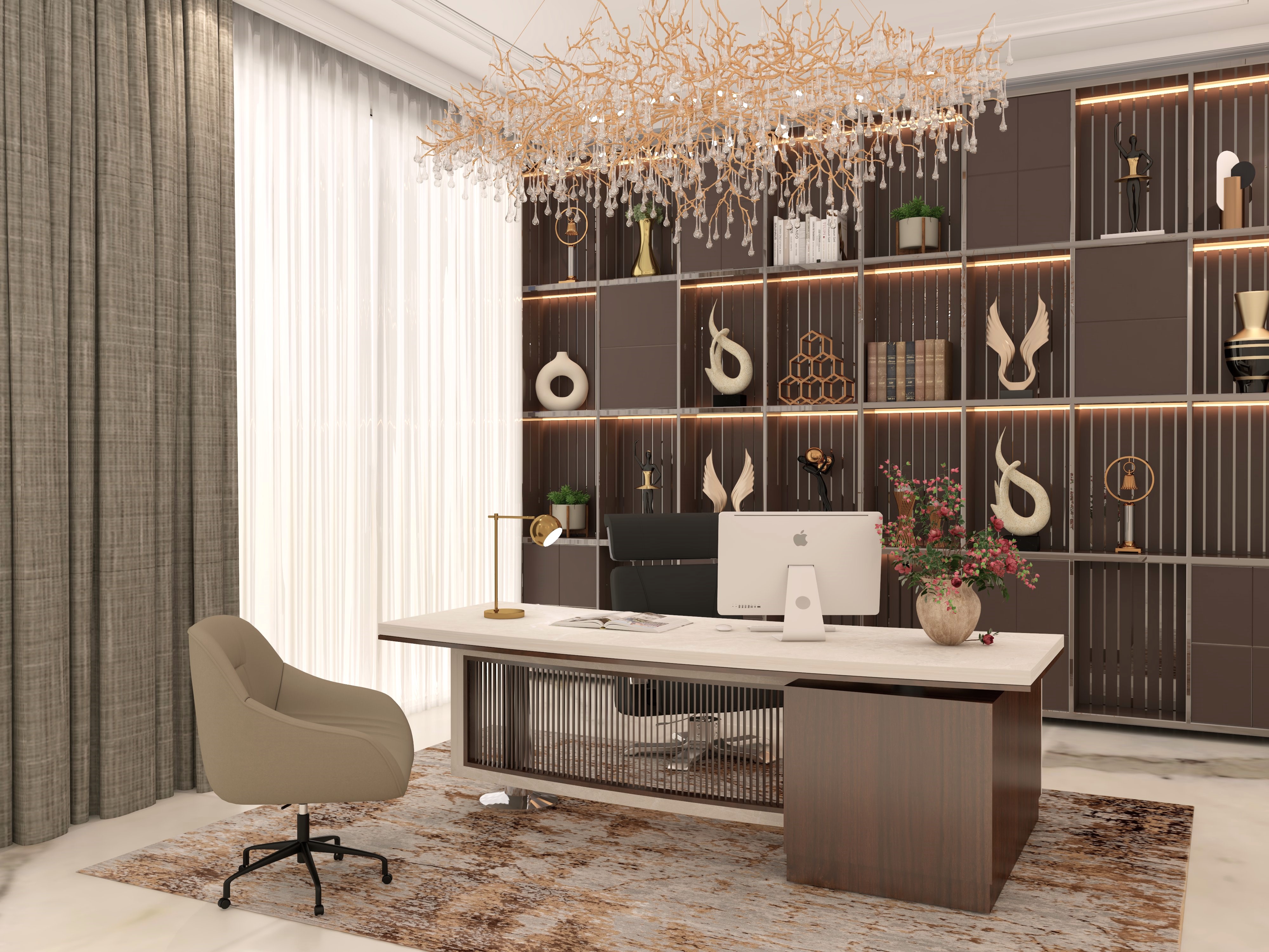 Modern luxurious home office with full wall cladding, open shelves, and a glamorous chandelier - Beautiful Homes