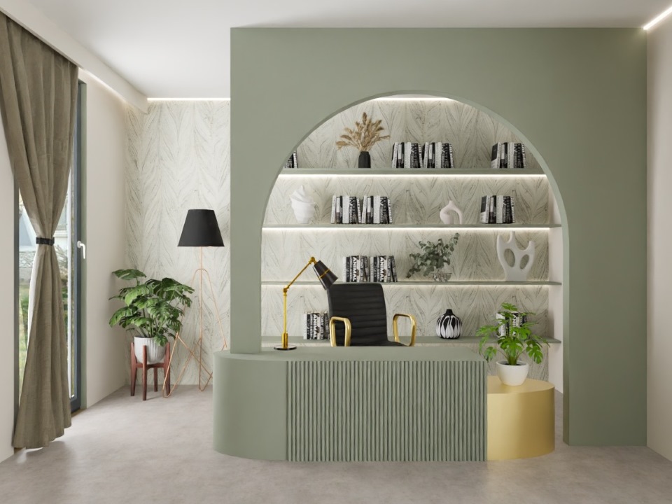 Modern home office with green arch and décor - Beautiful Homes