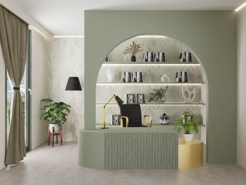 Modern home office with green arch and décor - Beautiful Homes