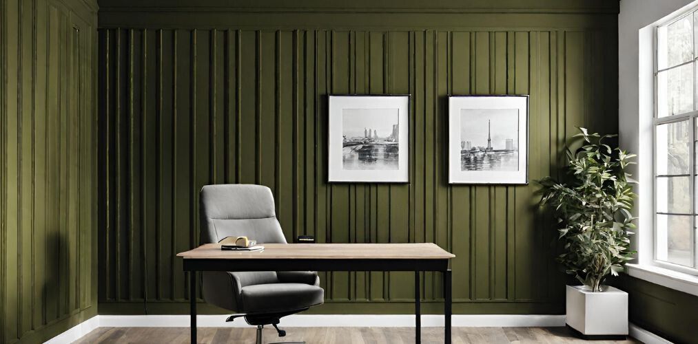 Modern office wall design with olive green wainscoting - Beautiful Homes
