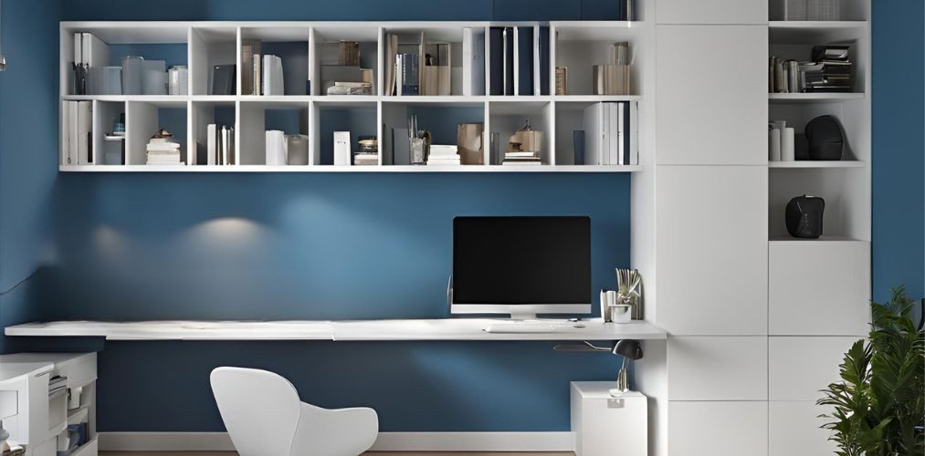 Modern white and blue wall-mounted home office design - Beautiful Homes