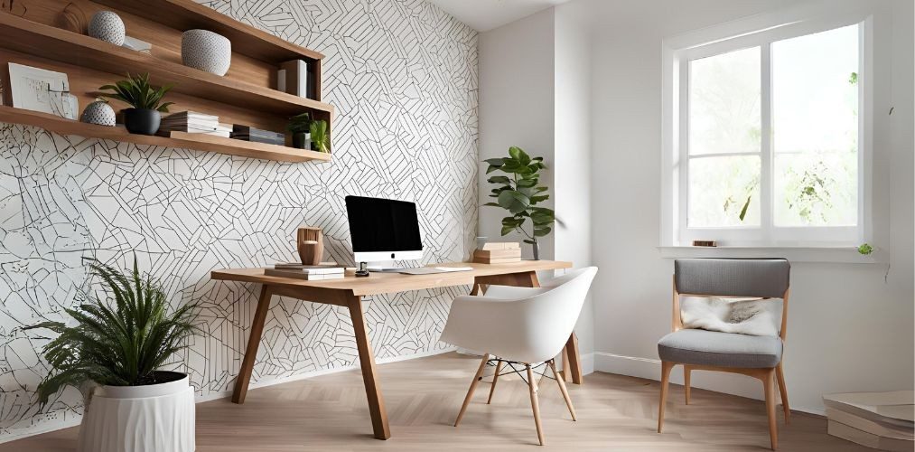 Modern white and wood home office with wallpaper - Beautiful Homes