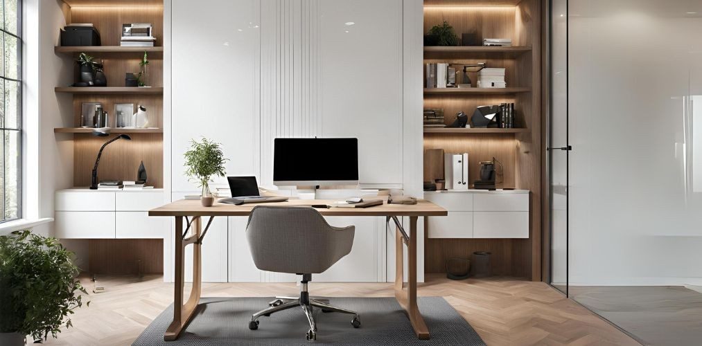 Modern white home office with grey adjustable chair - Beautiful Homes