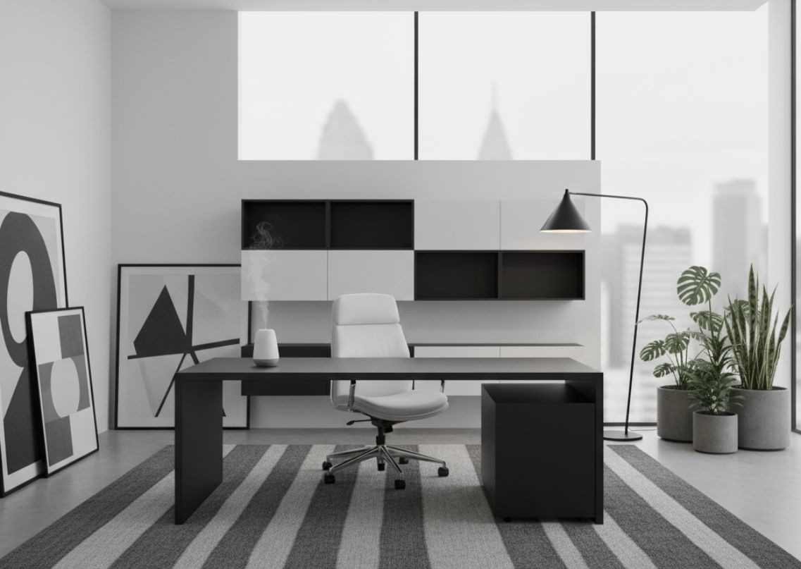 Modern home office with black desk and shelves - Beautiful Homes