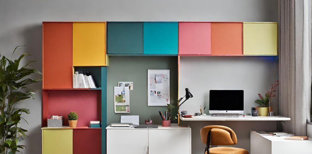 Multi-coloured small office with wall mounted storage - Beautiful Homes