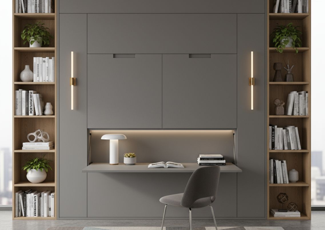 Modern home office with sleek grey cabinets - Beautiful Homes