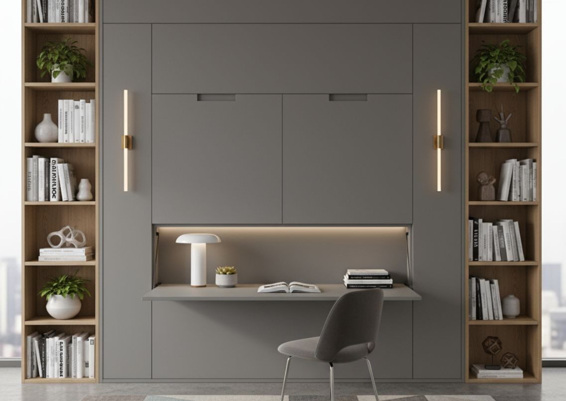 Modern home office with sleek grey cabinets - Beautiful Homes