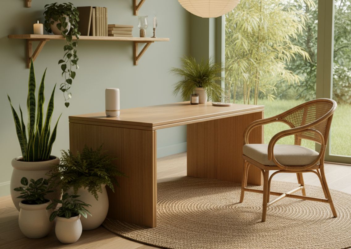 Wooden desk with chair and green décor items - Beautiful Homes