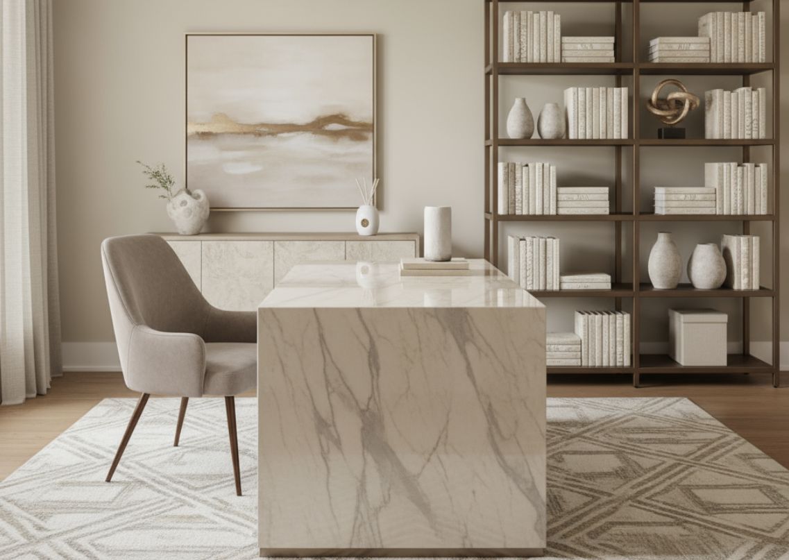 Modern home office with marble table and shelves - Beautiful Homes