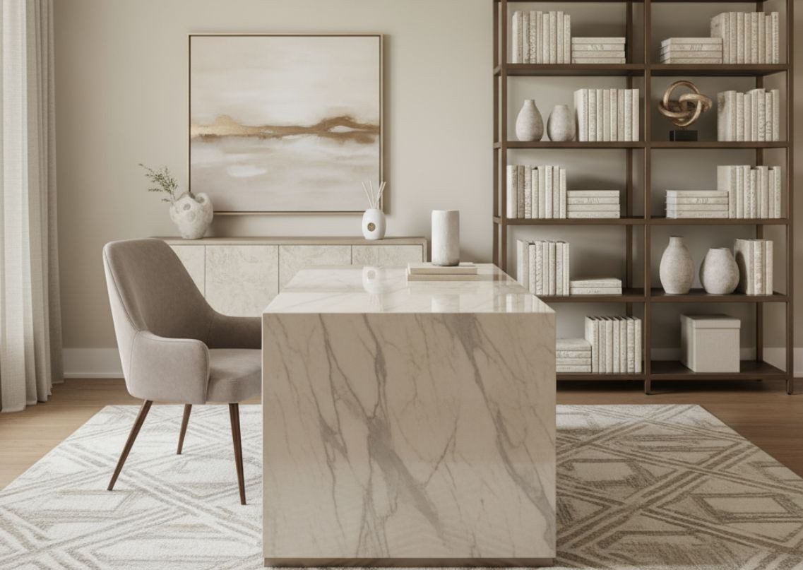 Modern home office with marble table and shelves - Beautiful Homes
