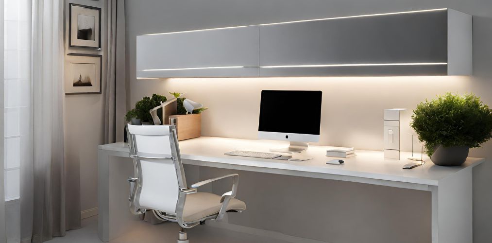 White office desk design with under cabinet LED light - Beautiful Homes
