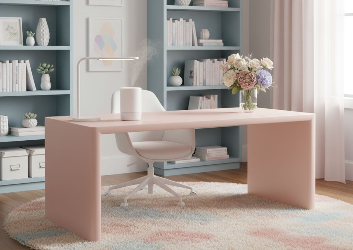 Pastel study table with shelves and décor - Beautiful Homes