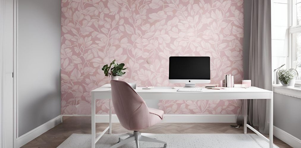 Pink and white home office with leafy wallpaper - Beautiful Homes