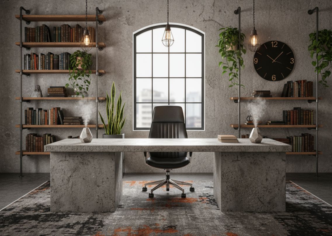 Industrial home office with concrete desk and bookshelves - Beautiful Homes