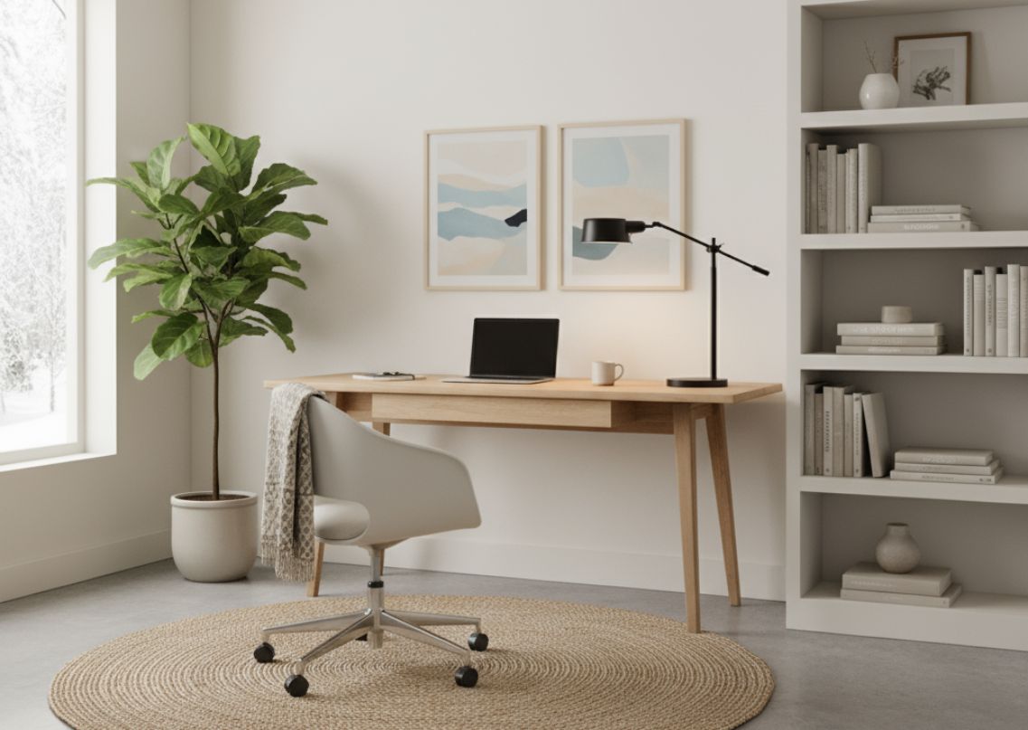 Minimalist home office with wooden desk and shelves - Beautiful Homes