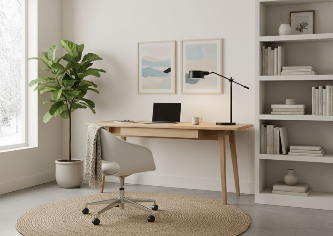 Minimalist home office with wooden desk and shelves - Beautiful Homes