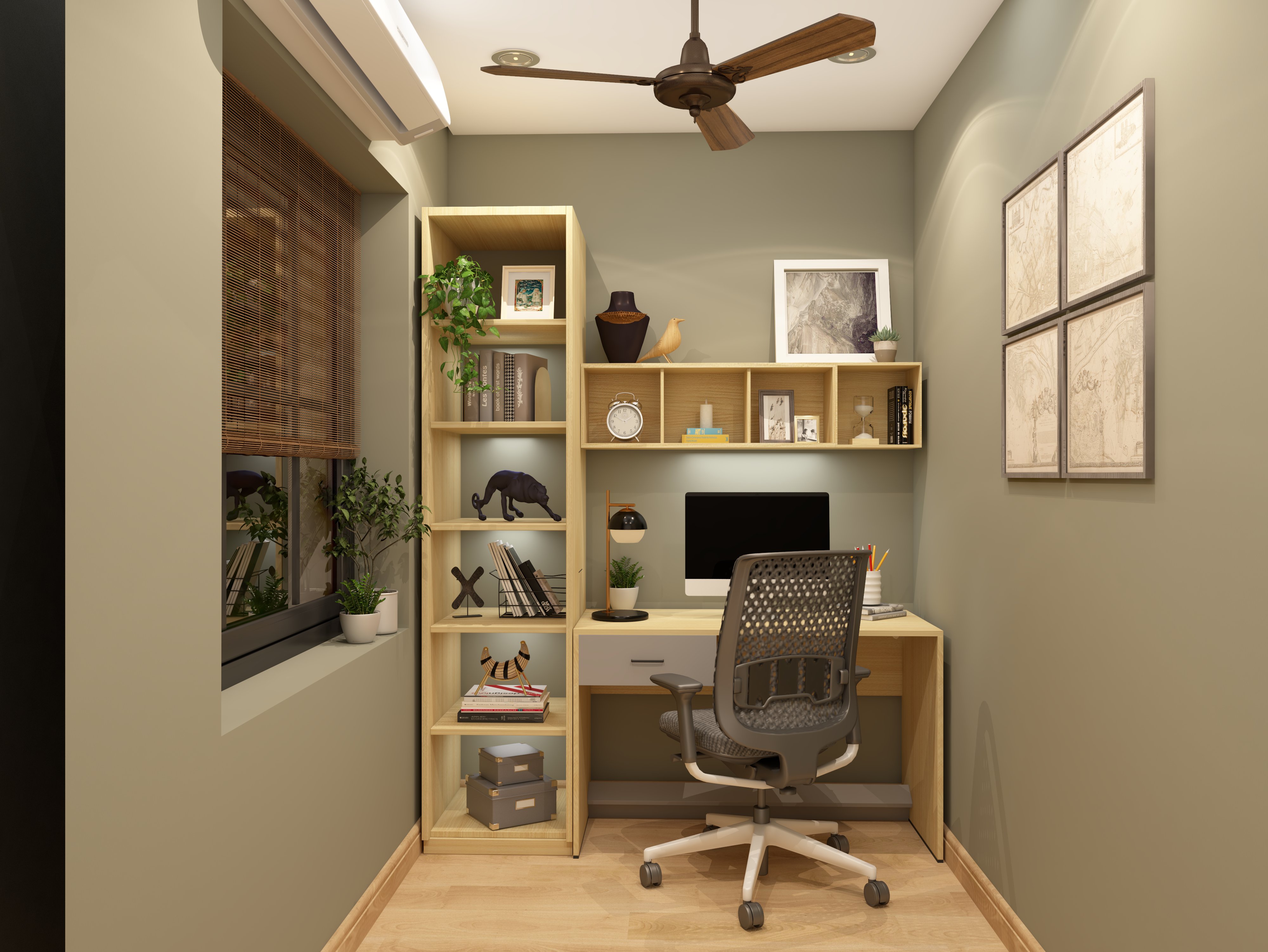 Cozy home office with wooden shelves and desk - Beautiful Homes