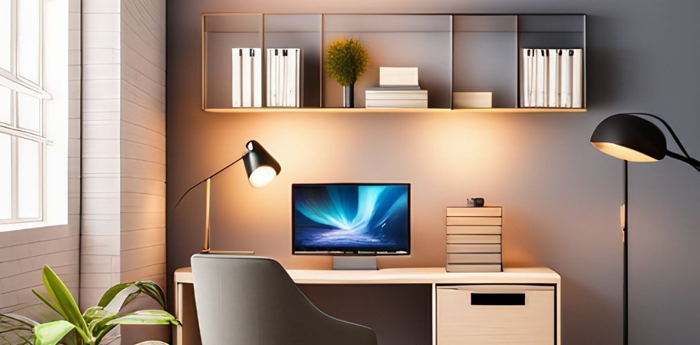Study desk decor with desk lamp and shelves-Beautiful Homes