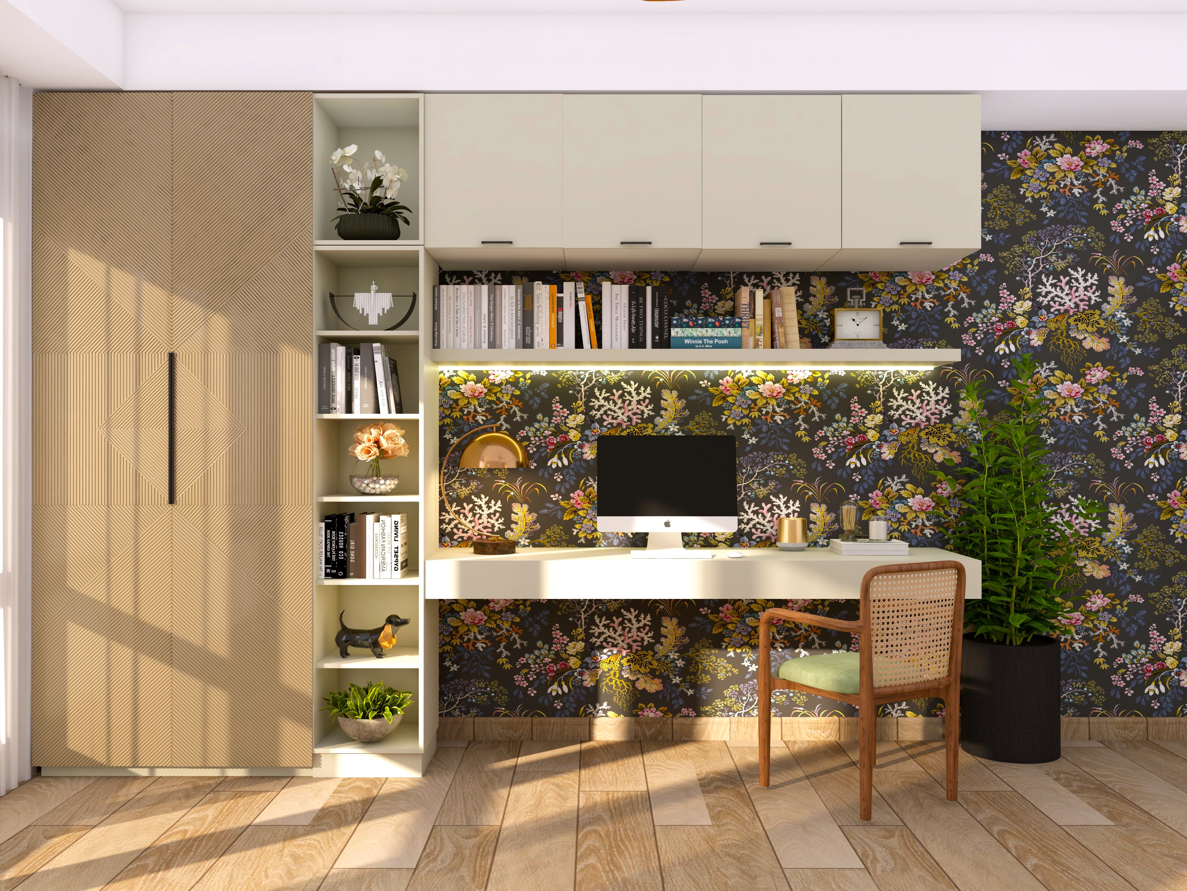 Study table with floral wallpaper and rattan chair - Beautiful Homes