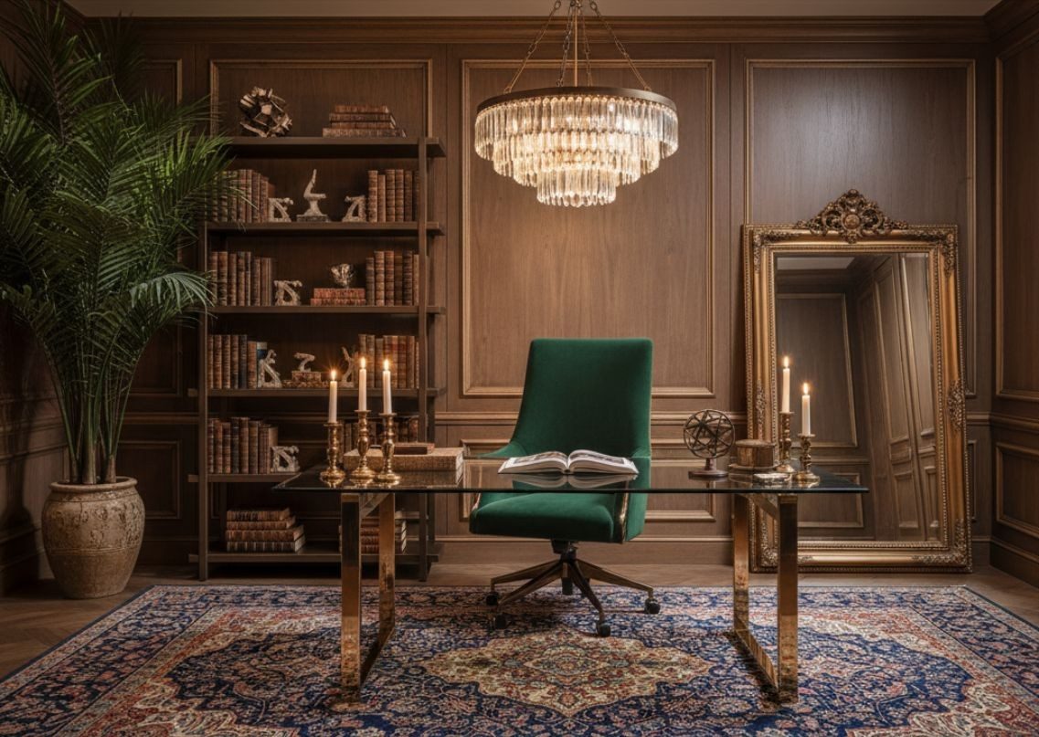 Elegant home office with wooden walls and chandelier - Beautiful Homes